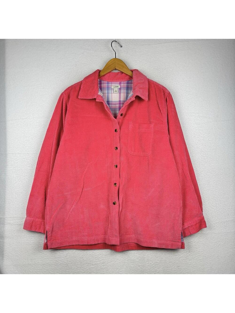 LL Bean Womens Large Pink Corduroy Plaid Lined Long Sleeve Shirt Shacket